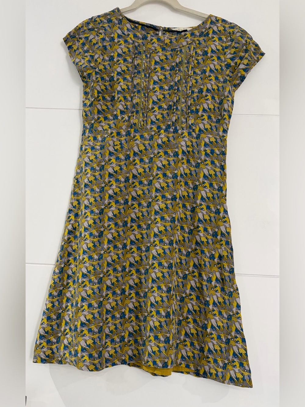 White Stuff Cha Cha Dancing Print Dress, Women’s Sz. 10 Mustard and Blue Dress